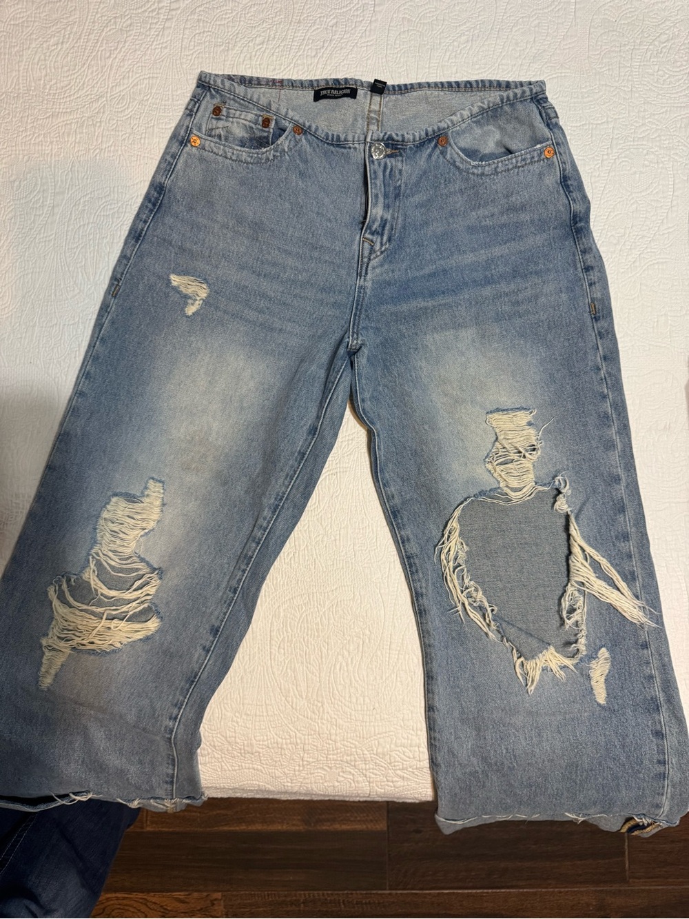 True Religion Light Blue Distressed Wide Leg Jeans